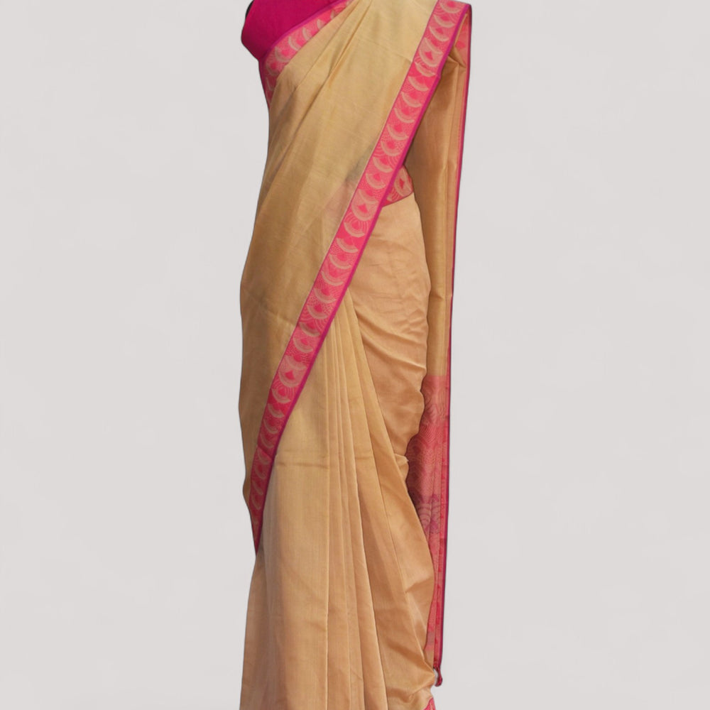 Beige - Arch Motif Organic Cotton Saree