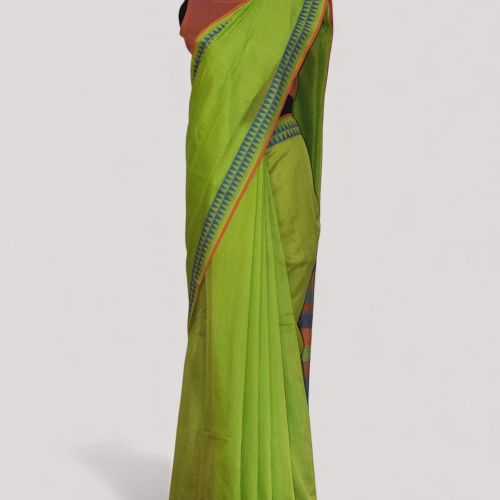 Parrot Green - Cherry Blossom Motif Organic Cotton Saree