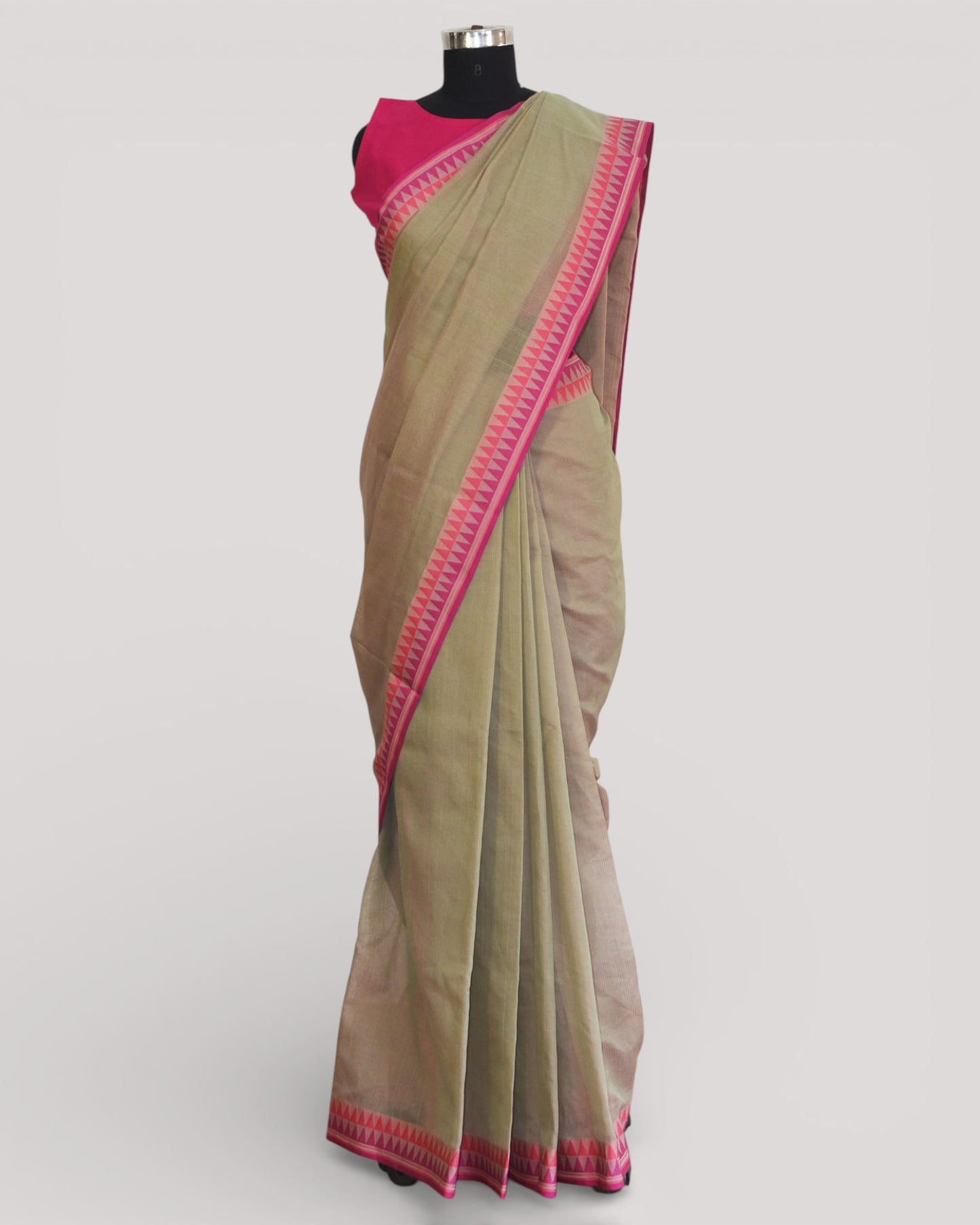 Light Olive Green - Cherry Blossom Motif Organic Cotton Saree