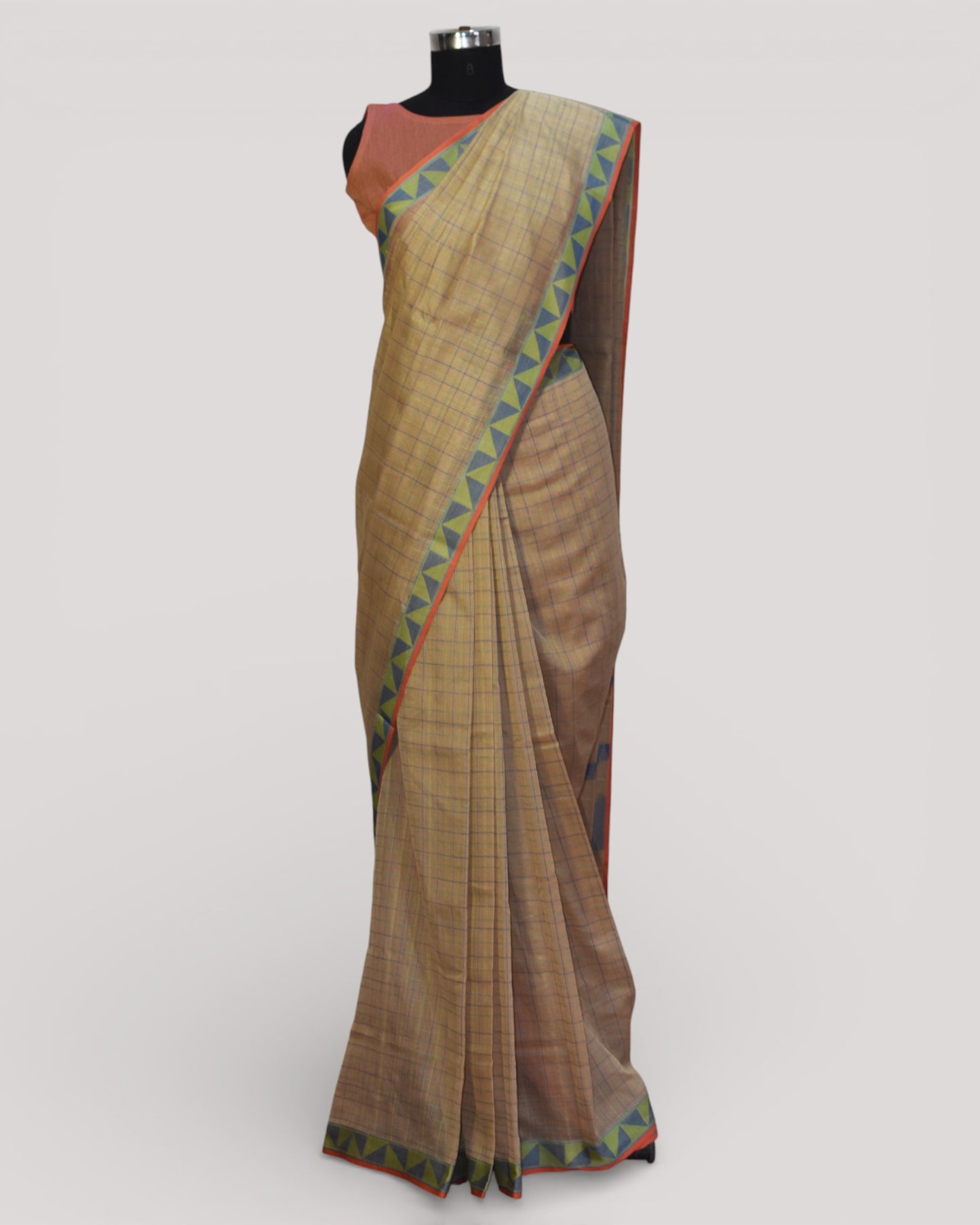 Beige with Blue - Checks Classic Organic Cotton Saree