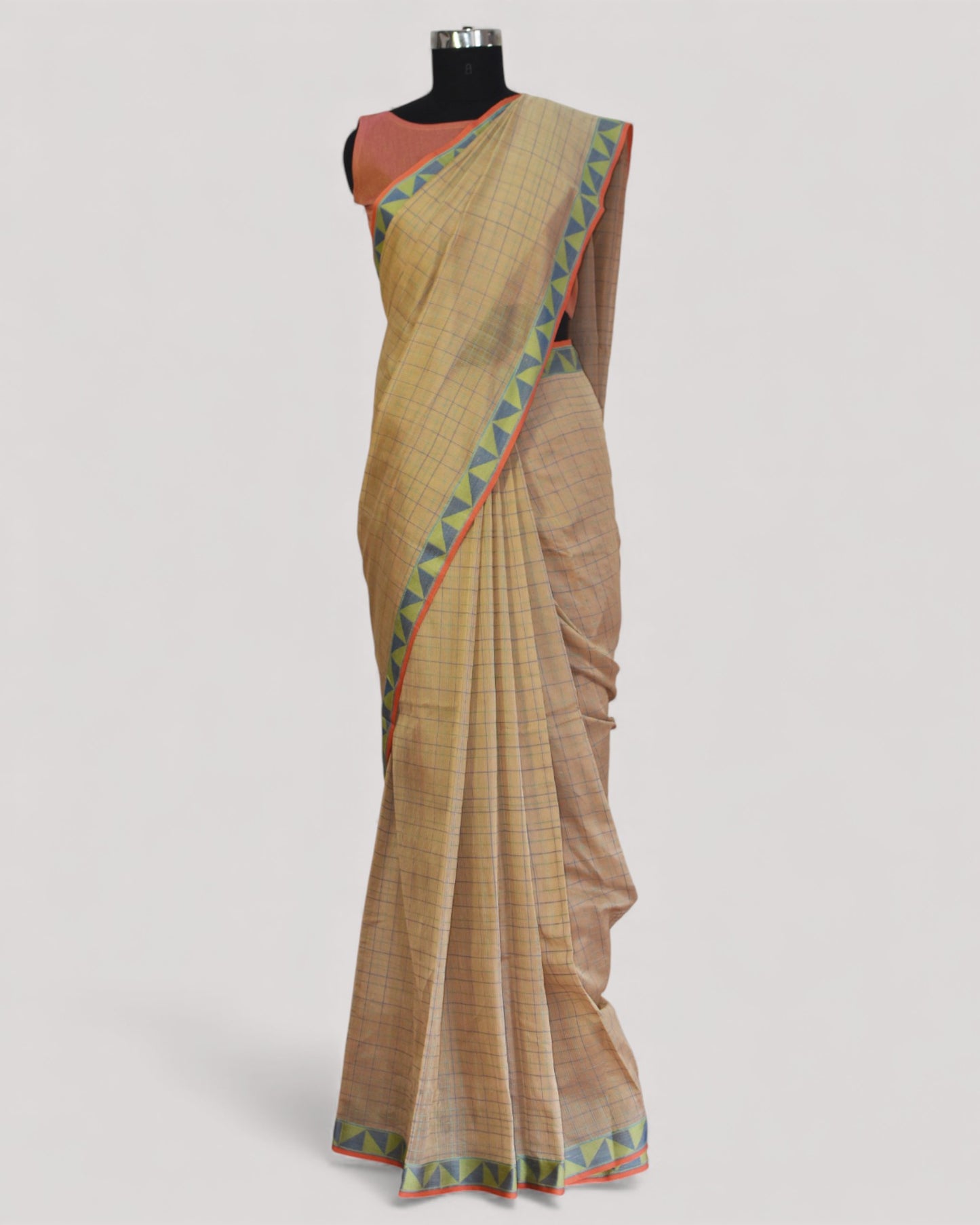 Beige - Checks Classic Organic Cotton Saree