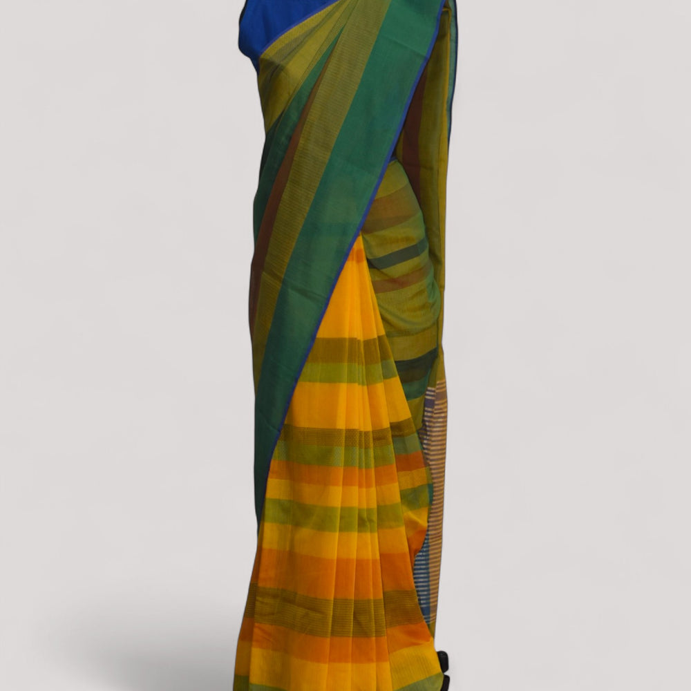 Green & Yellow - Stitch Texture Organic Cotton Saree