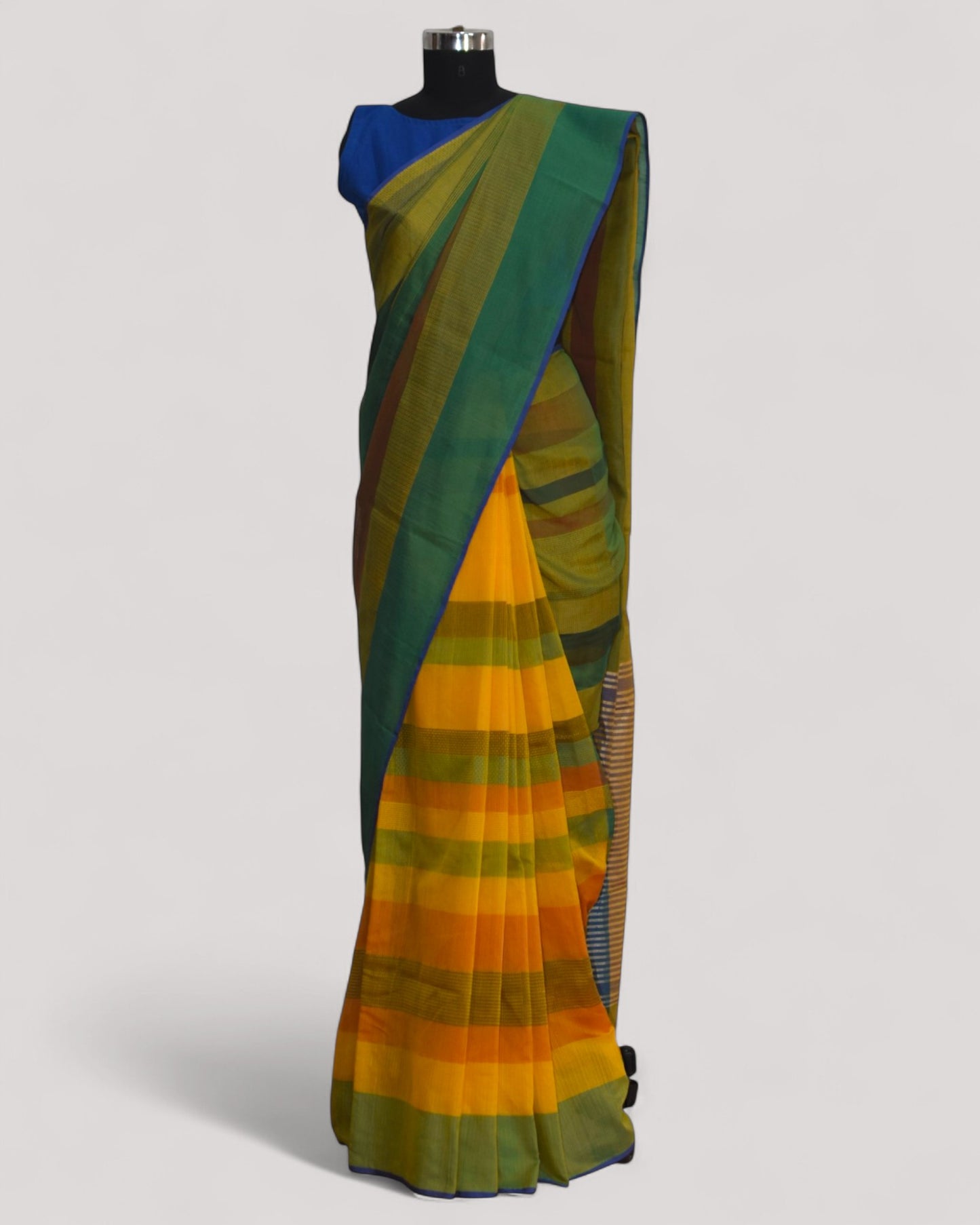 Green & Yellow - Stitch Texture Organic Cotton Saree