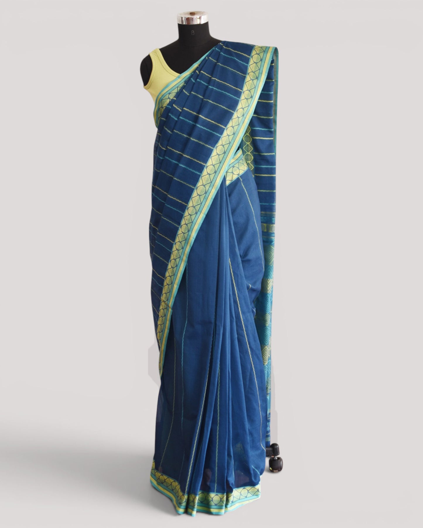 Indigo Blue - Geometric Elegance Organic Cotton Saree