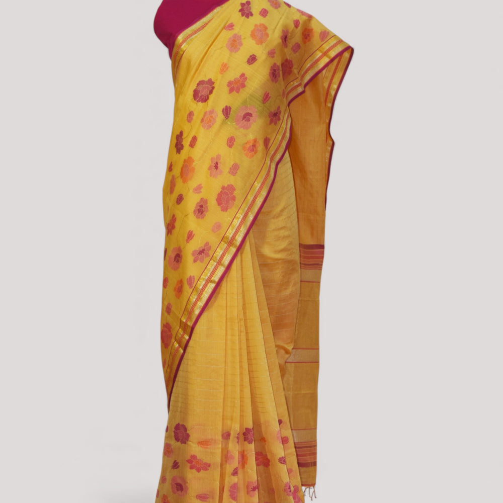 Yellow - Floral Embrace Organic Cotton Saree