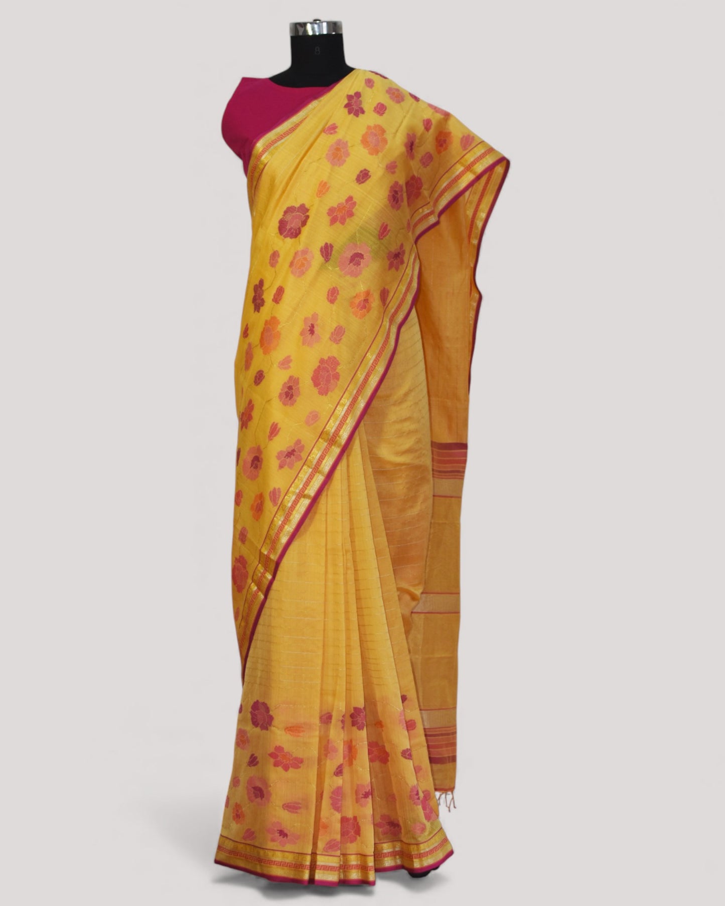 Yellow - Floral Embrace Organic Cotton Saree