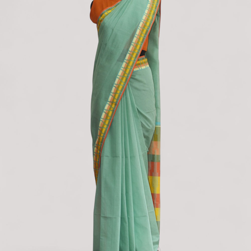 Sea Green - Gopuram Motif Organic Cotton Saree