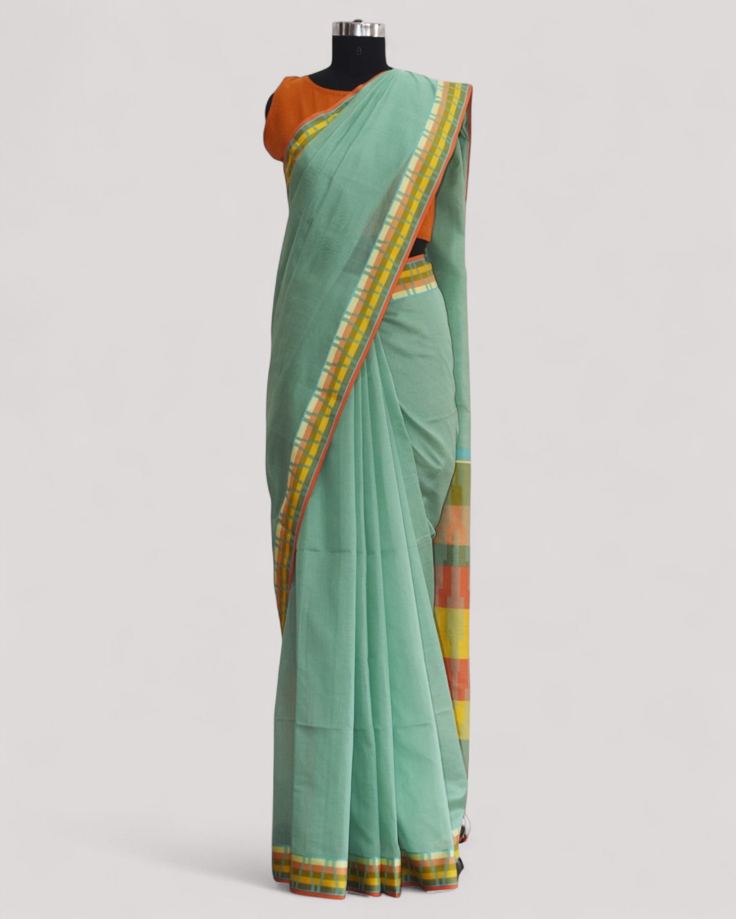 Sea Green - Gopuram Motif Organic Cotton Saree