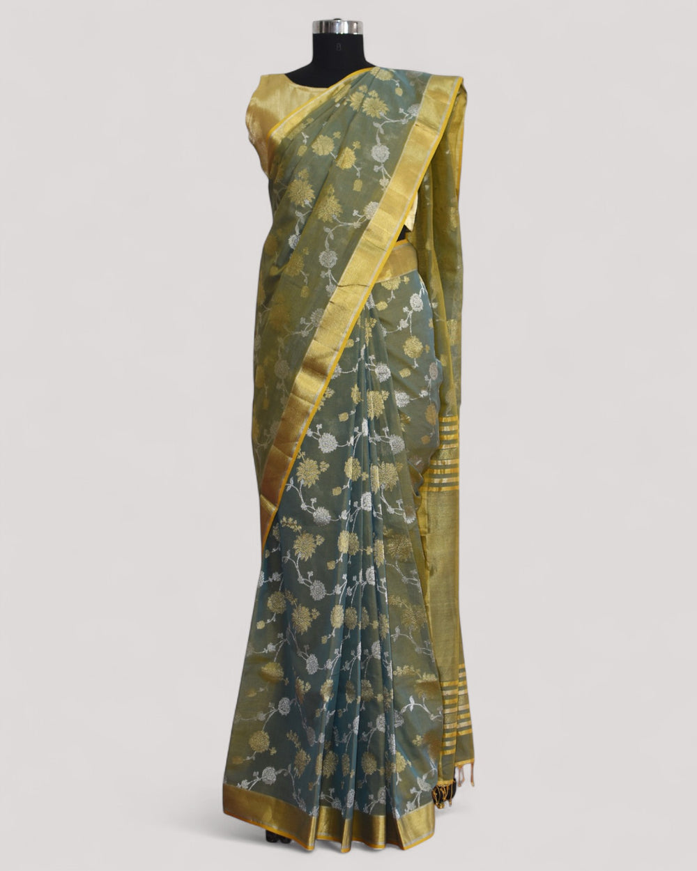 Yellowish Grey - Gilded Grove Organic Cotton Saree