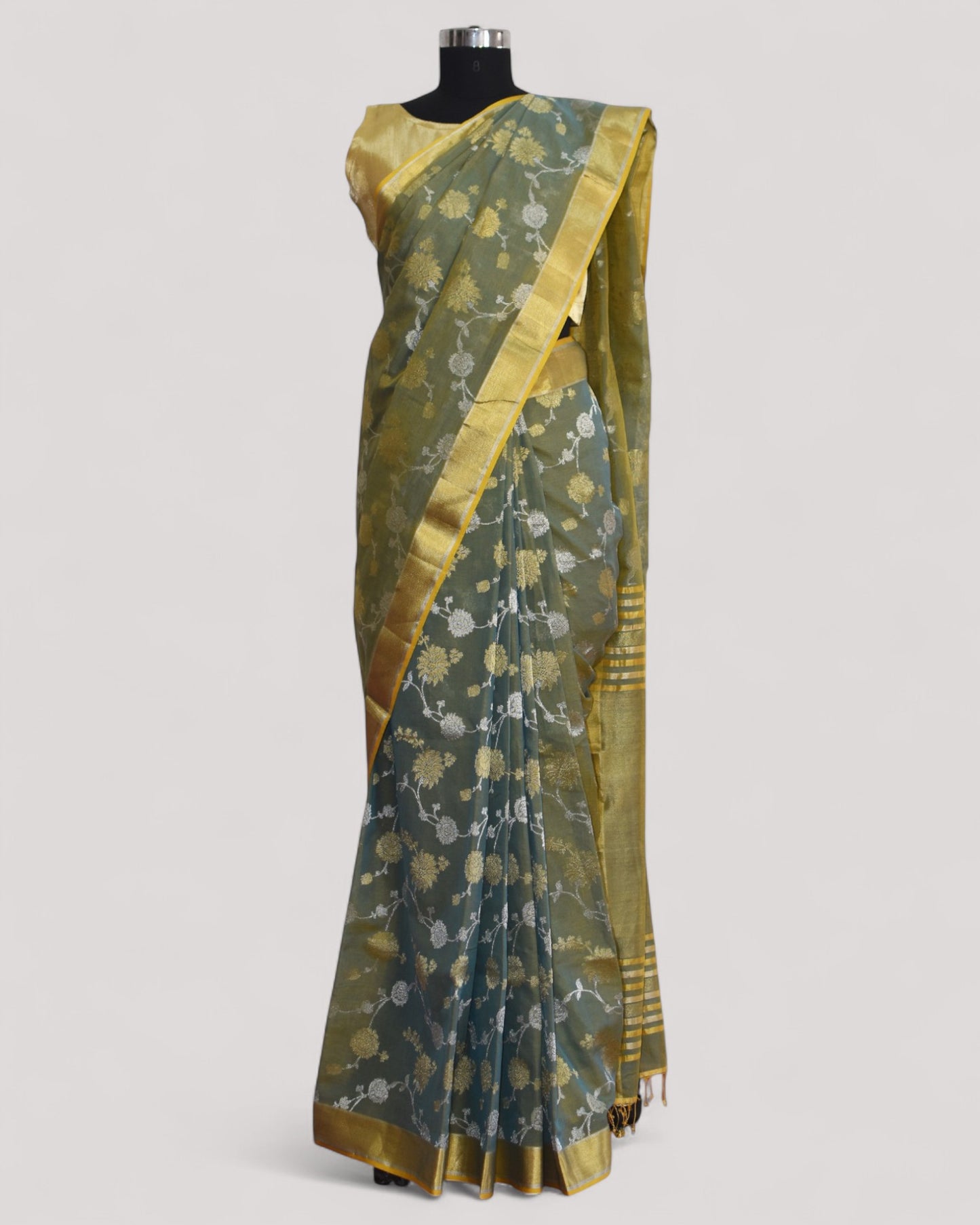 Yellowish Grey - Gilded Grove Organic Cotton Saree
