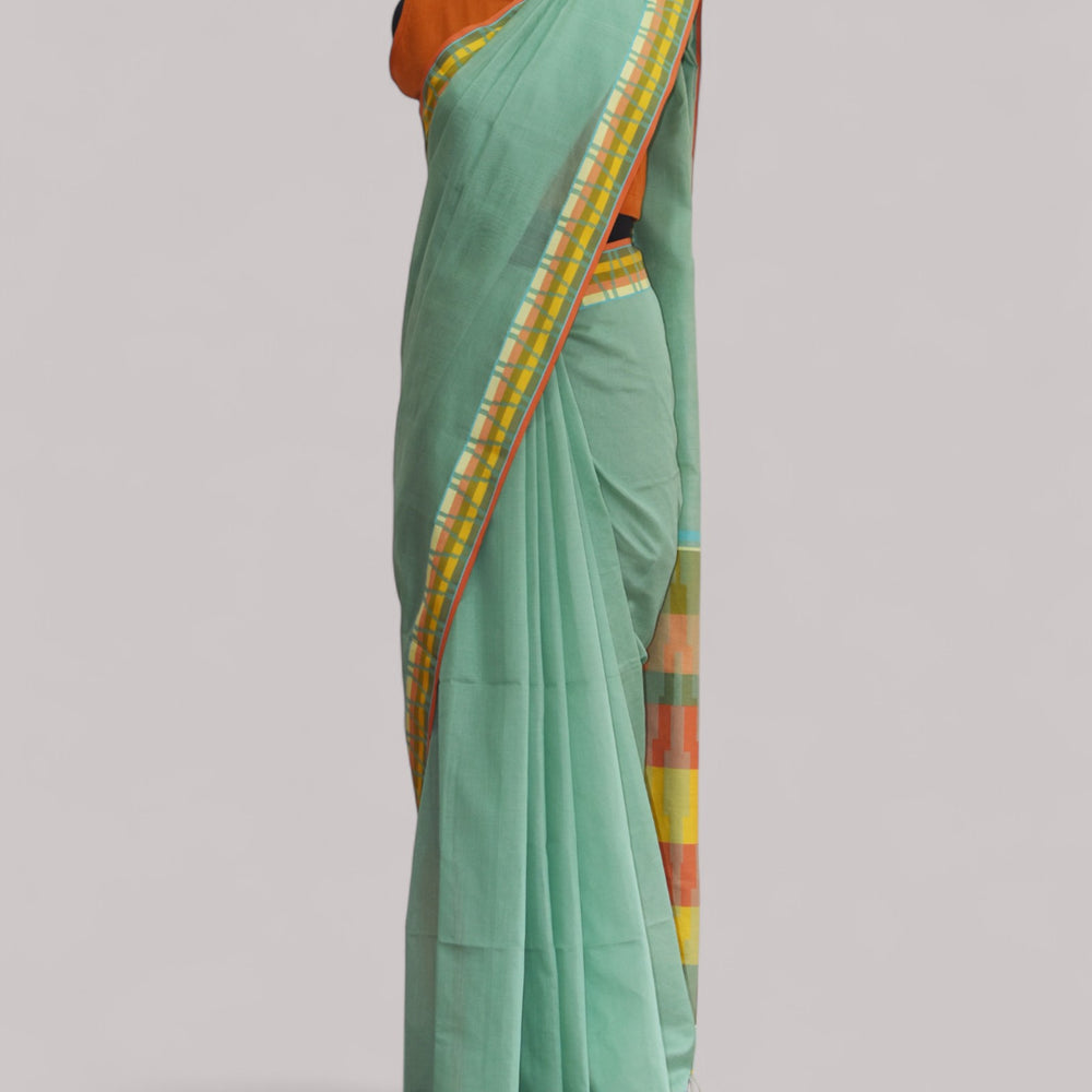 Sea Green - Gopuram Motif Organic Cotton Saree
