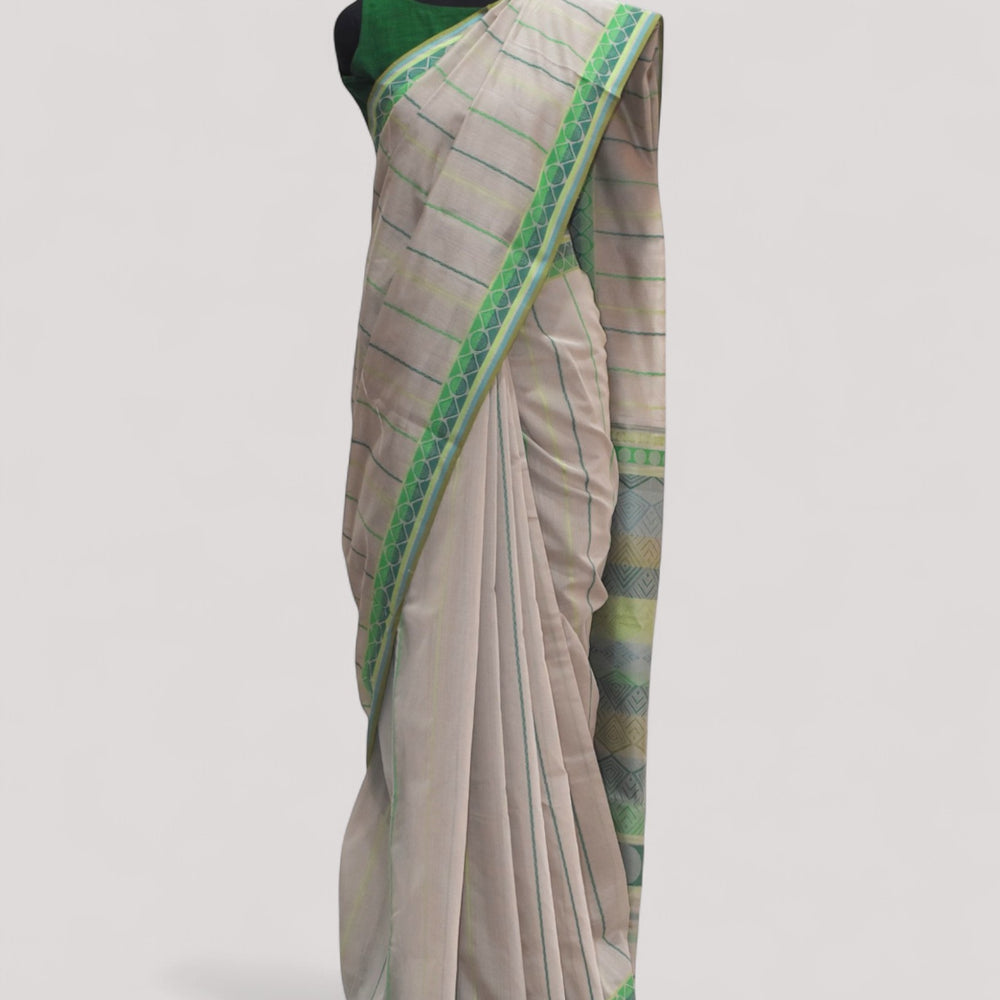 Beige - Geometric Elegance Organic Cotton Saree
