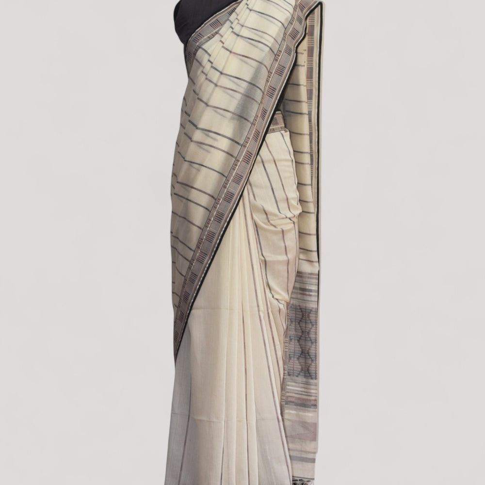 White - Zig Zag Motif Organic Cotton Saree