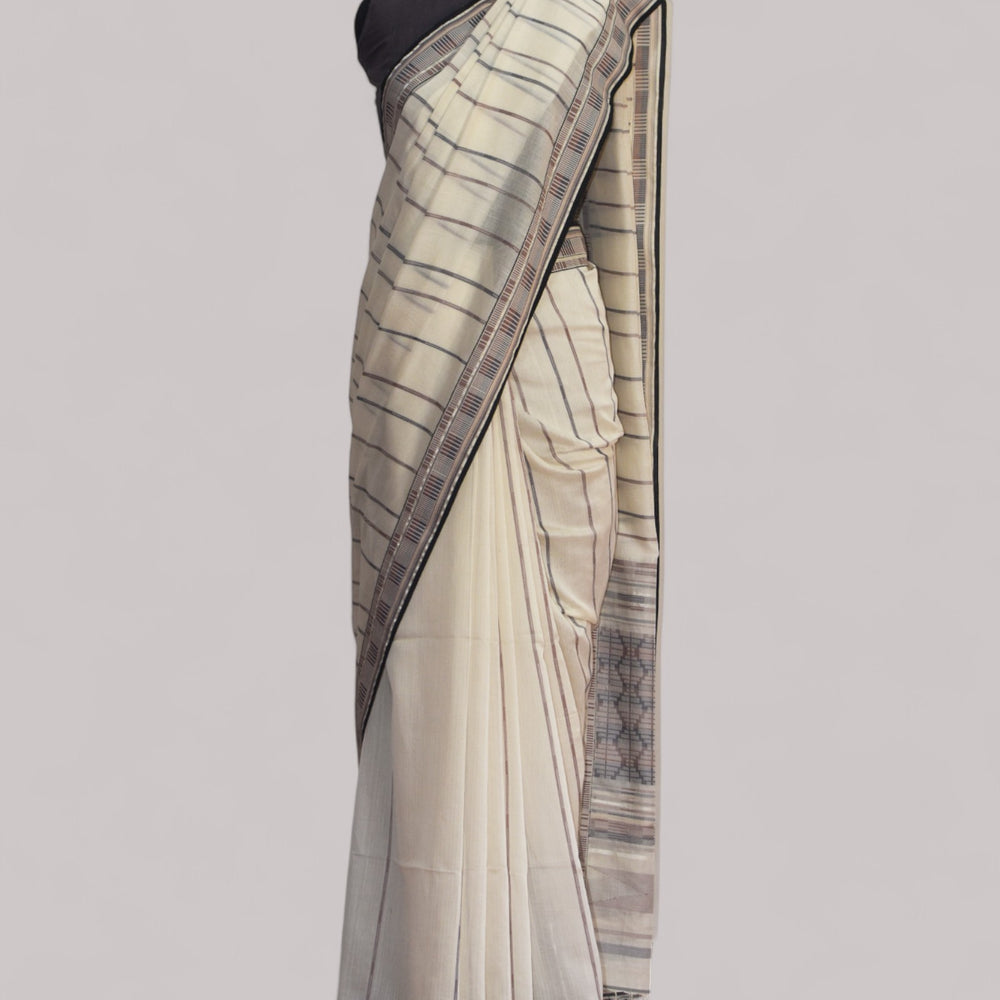 Off-White - Zig Zag Motif Organic Cotton Saree