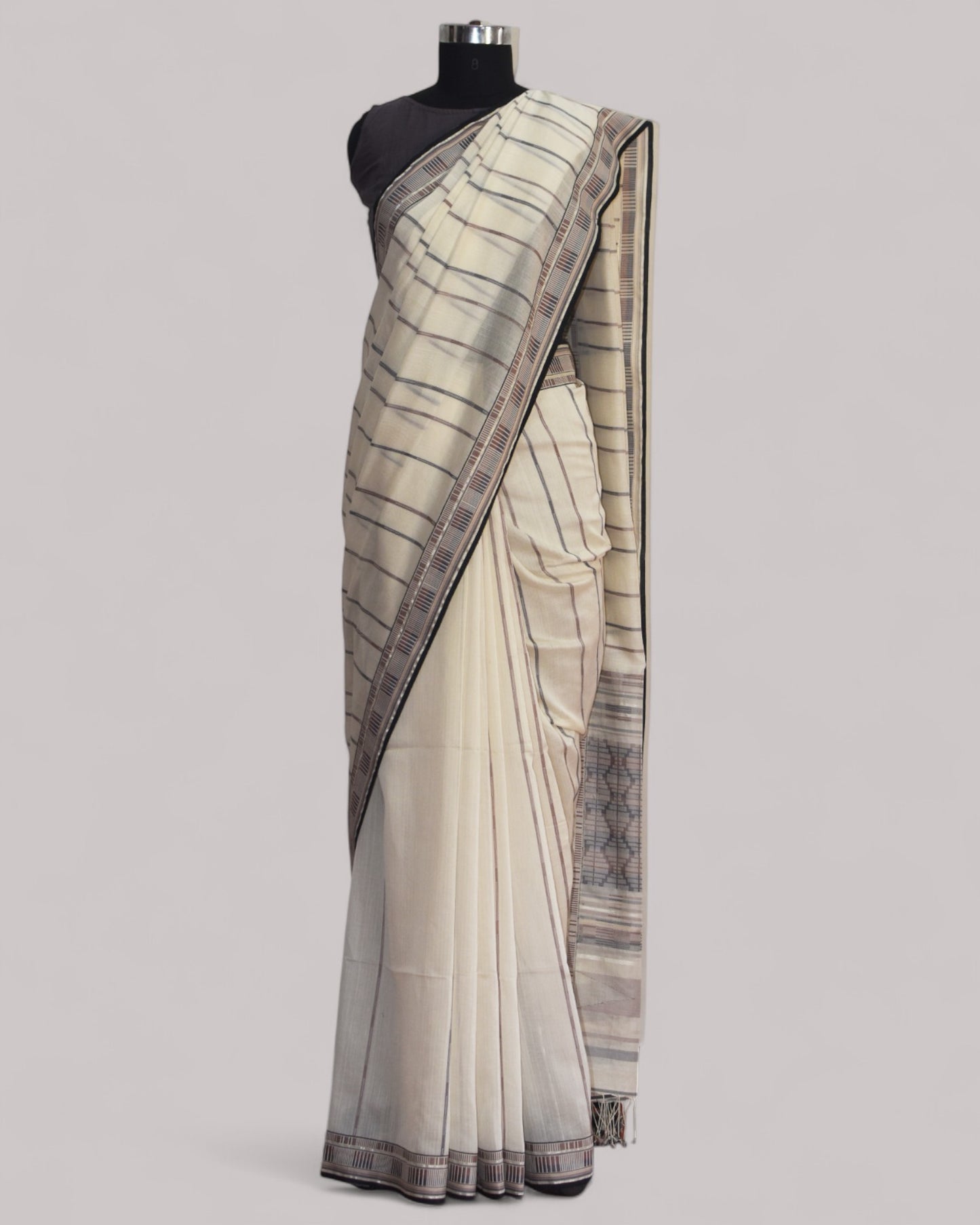 Off-White - Zig Zag Motif Organic Cotton Saree