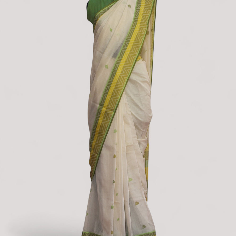 White - Tree & Leaves Motif Organic Cotton Saree