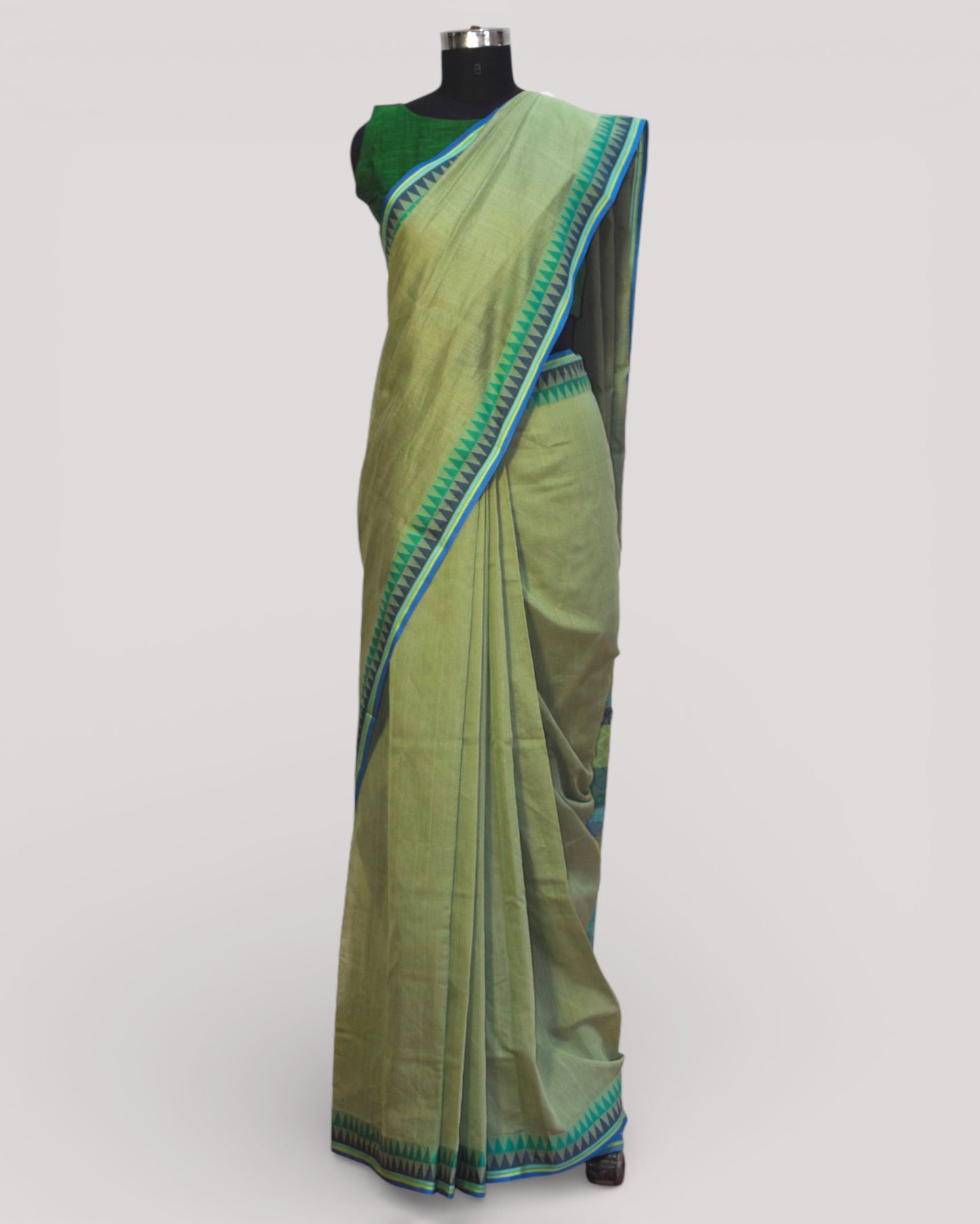 Olive Green - Cherry Blossom Motif Organic Cotton Saree