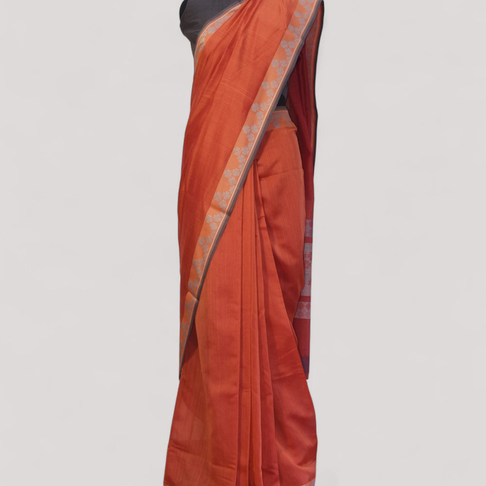 Orange - Clover Motif Organic Cotton Saree