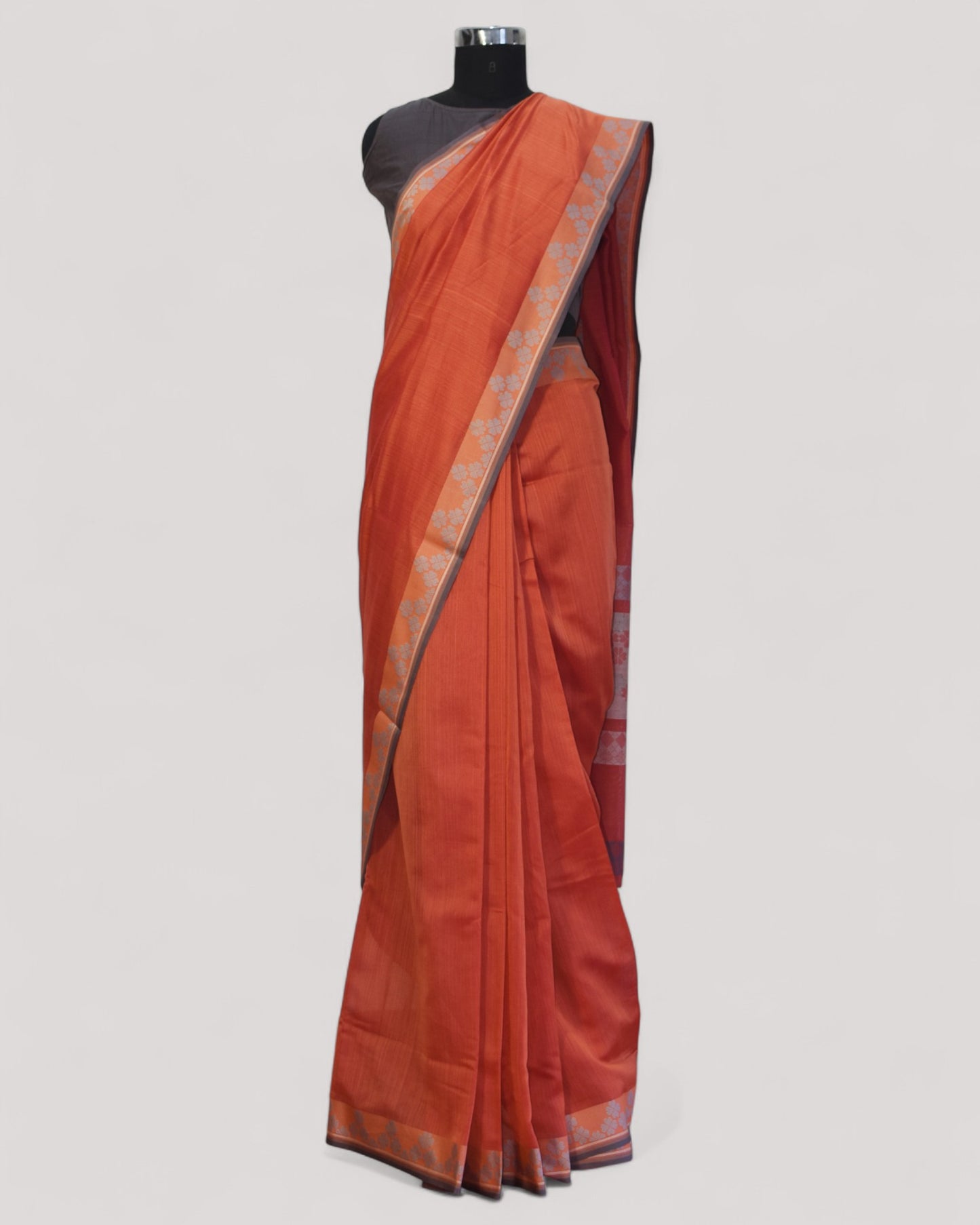 Orange - Clover Motif Organic Cotton Saree