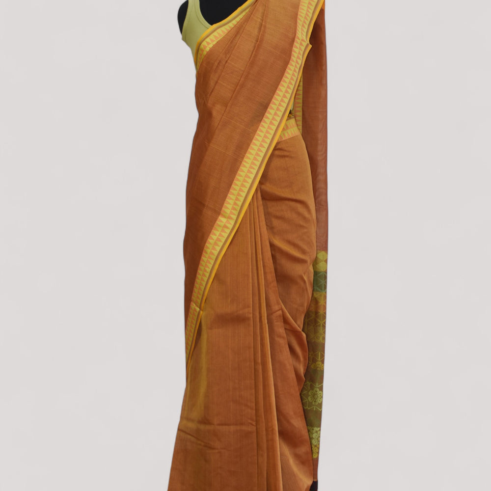 Orange- Cherry Blossom Motif Organic Cotton Saree