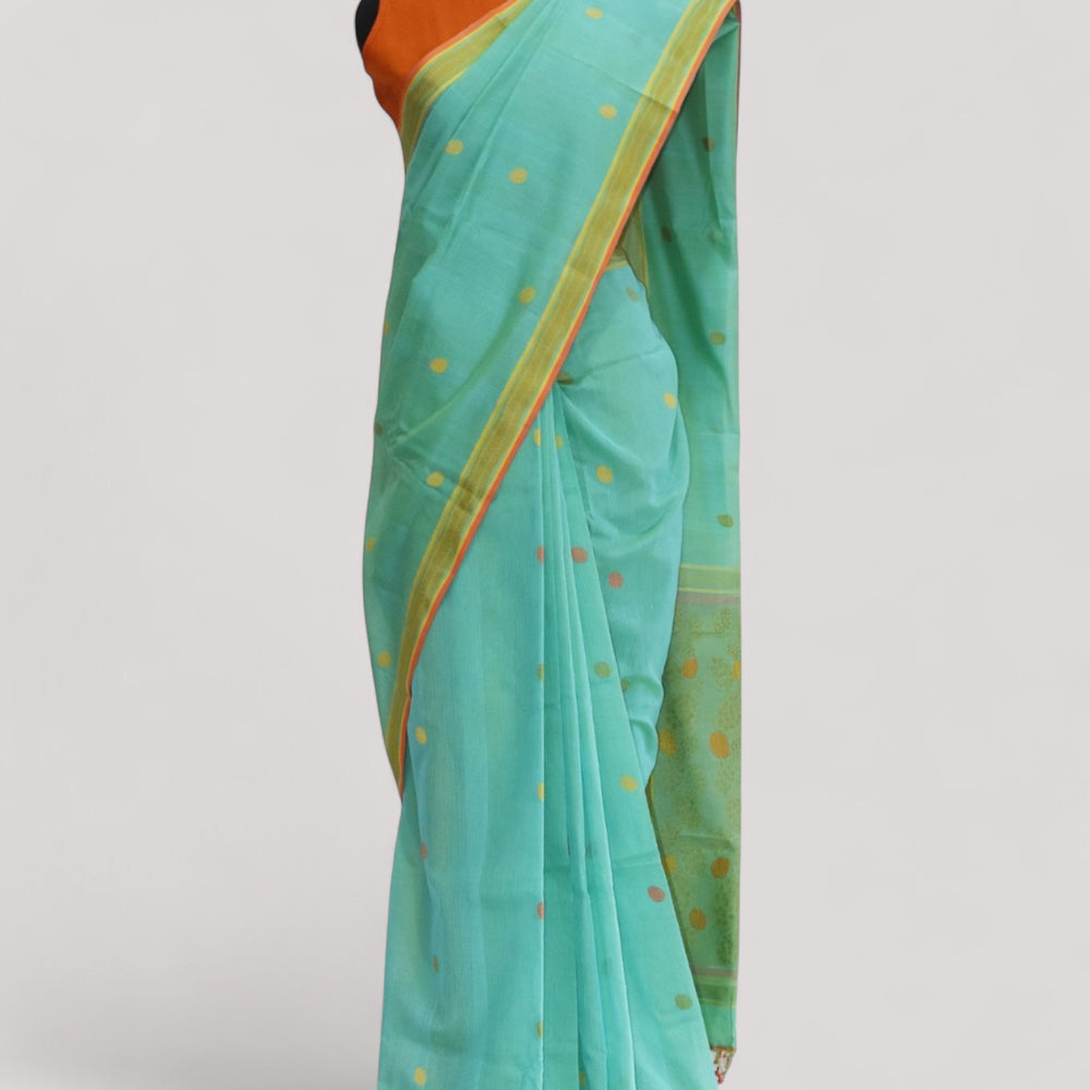 Sea Blue - Cactus Motif Organic Cotton Saree