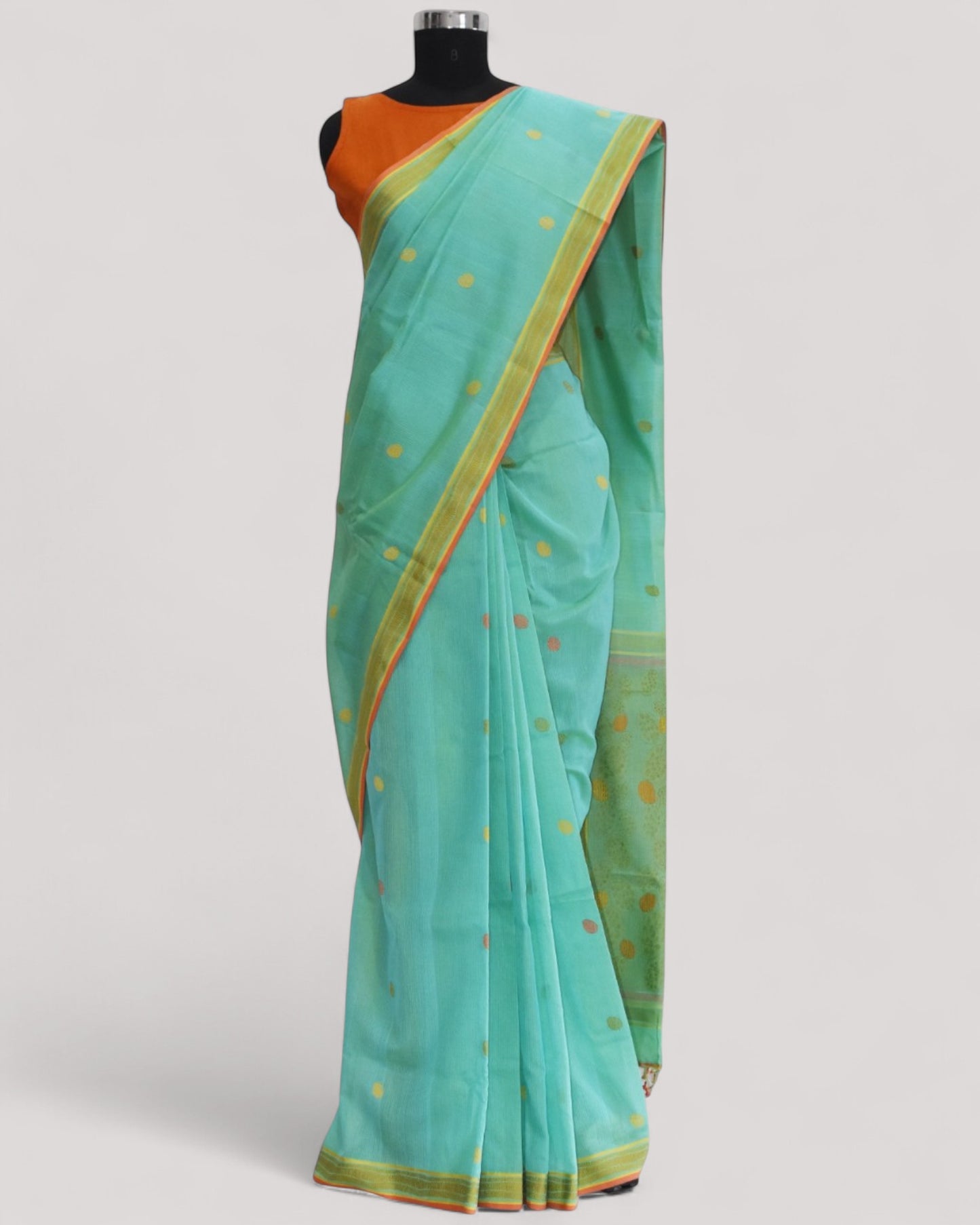 Sea Blue - Cactus Motif Organic Cotton Saree