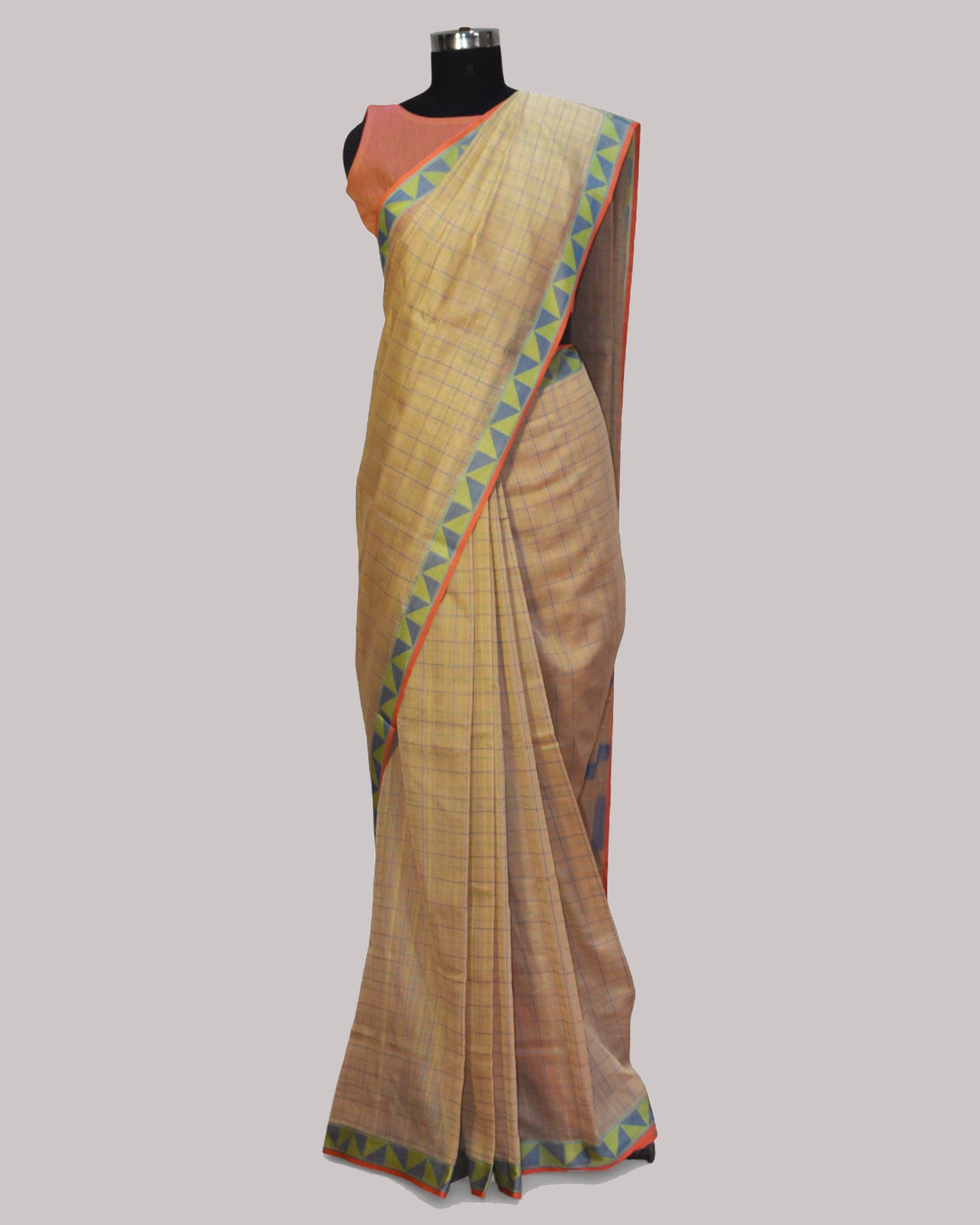 Beige with Blue - Checks Classic Organic Cotton Saree