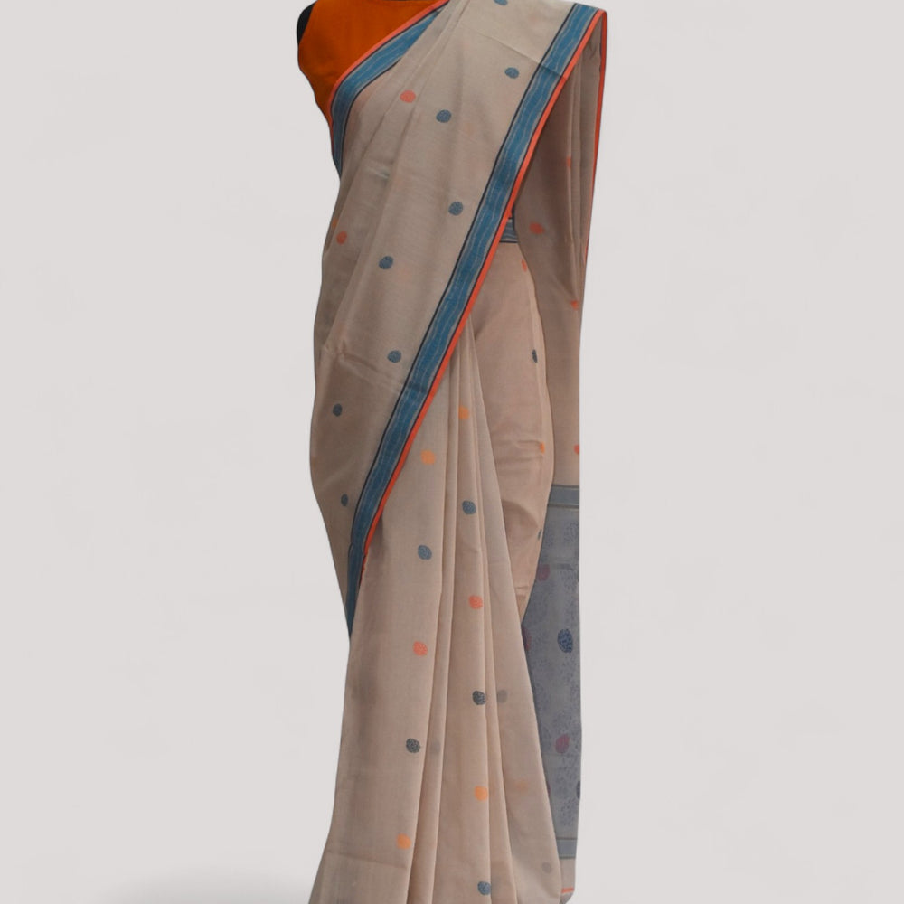 Beige - Cactus Motif Organic Cotton Saree
