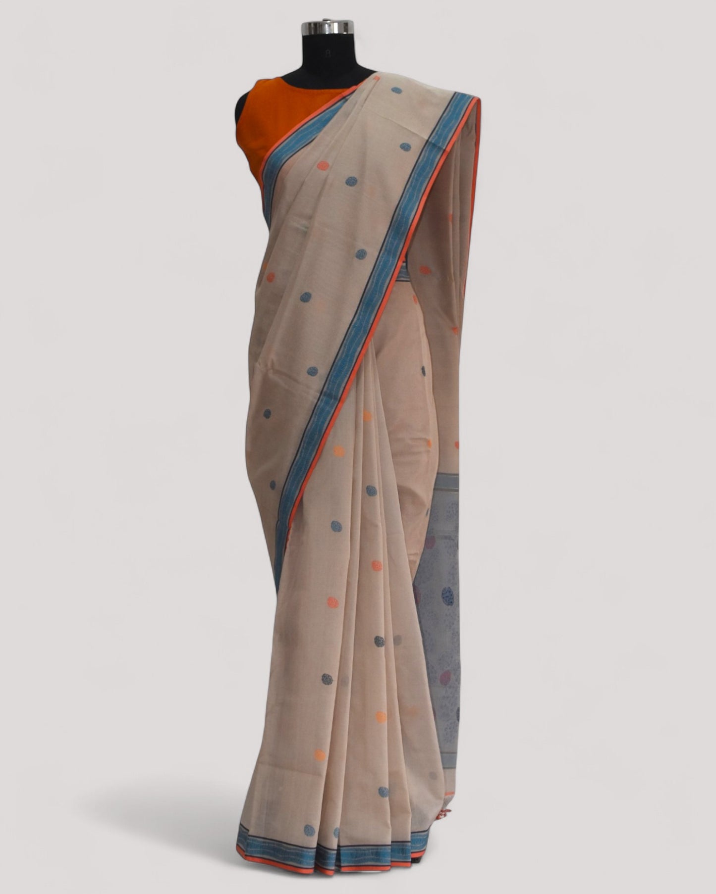 Beige - Cactus Motif Organic Cotton Saree
