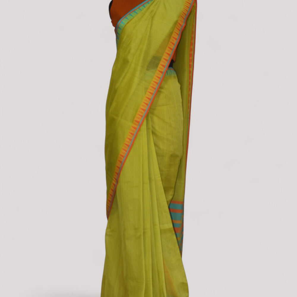 Lime Green - Temple Motif Organic Cotton Saree