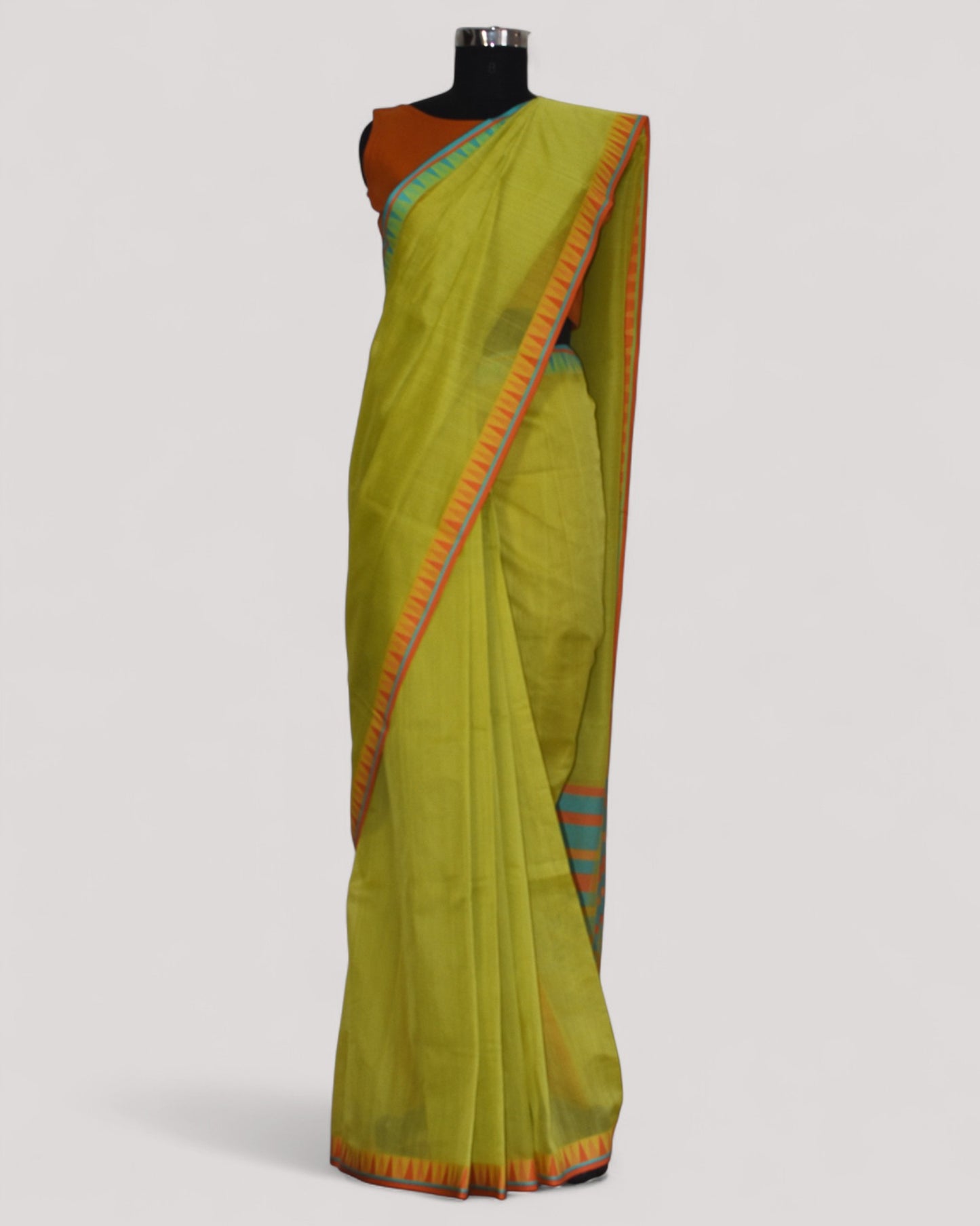 Lime Green - Temple Motif Organic Cotton Saree