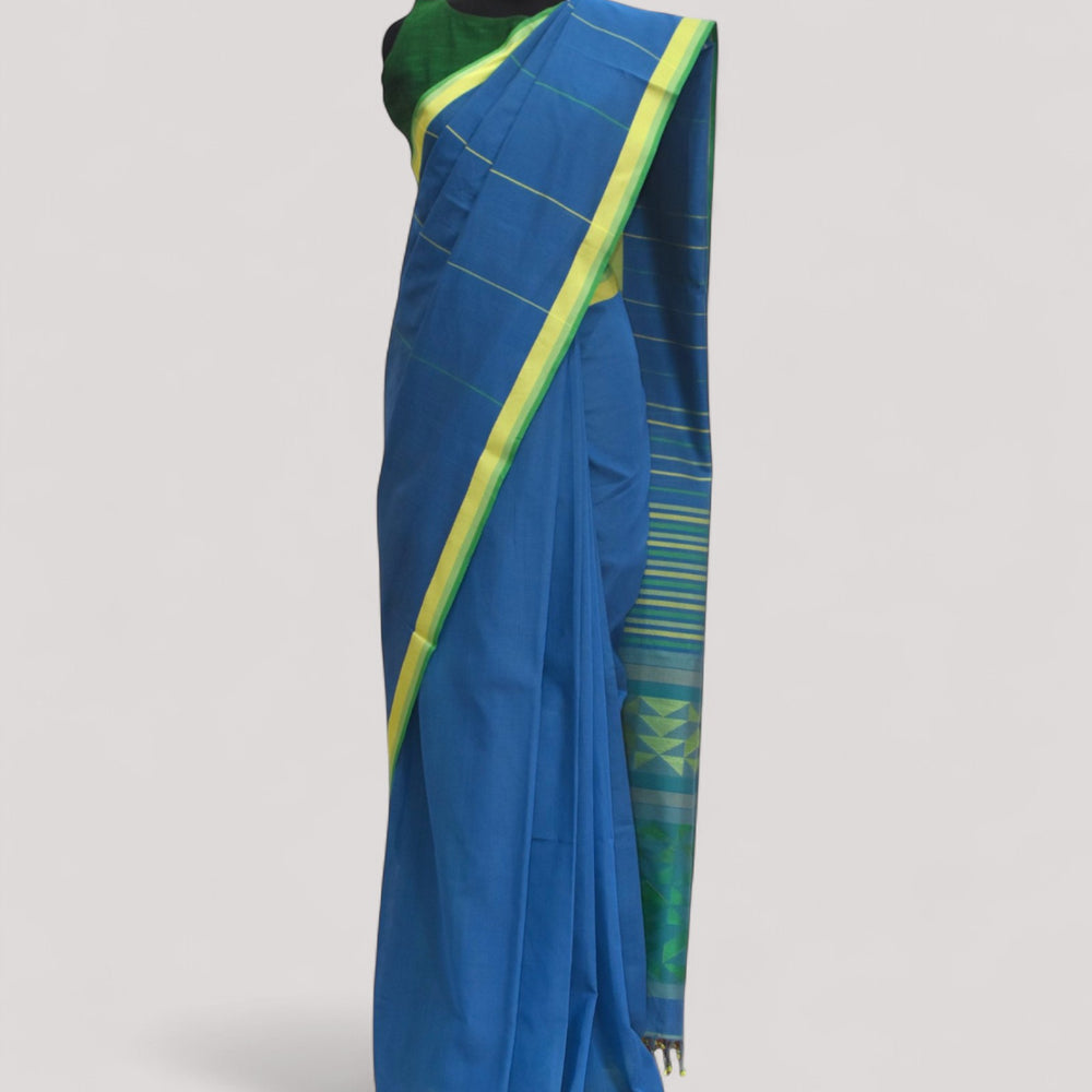 Blue - Triangle Motif Organic Cotton Saree