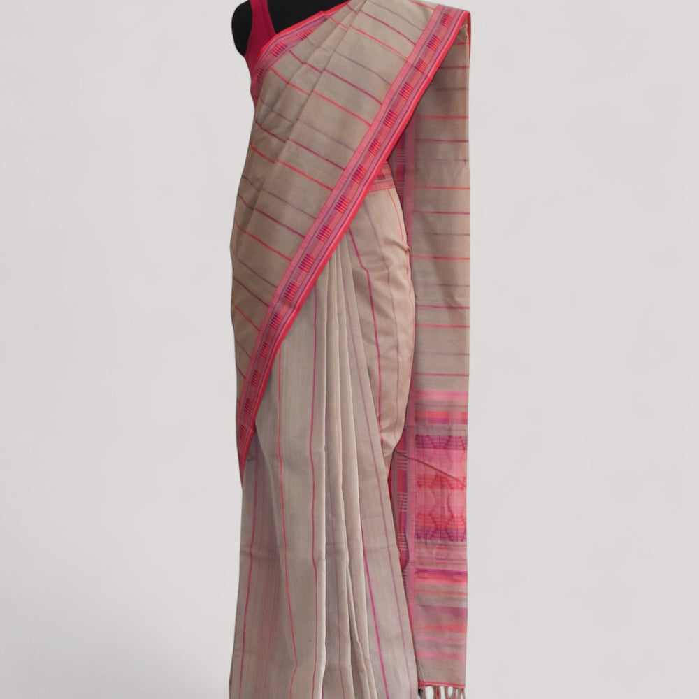 Beige - Zig Zag Motif Organic Cotton Saree