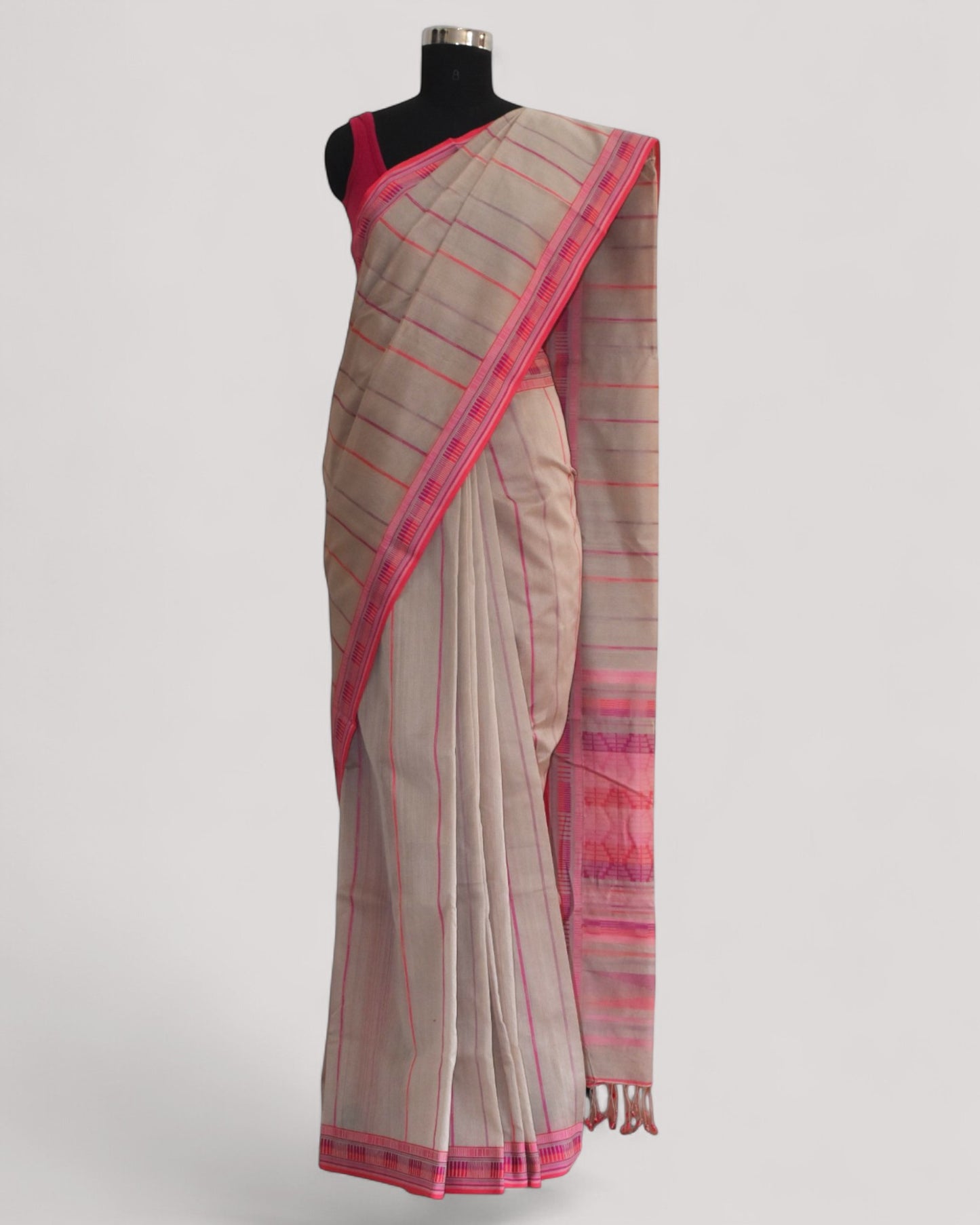 Beige - Zig Zag Motif Organic Cotton Saree