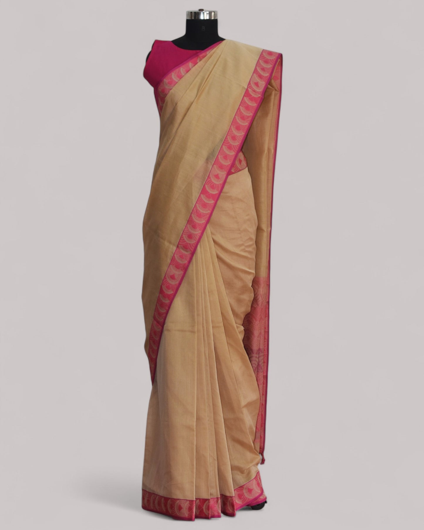 Beige - Arch Motif Organic Cotton Saree