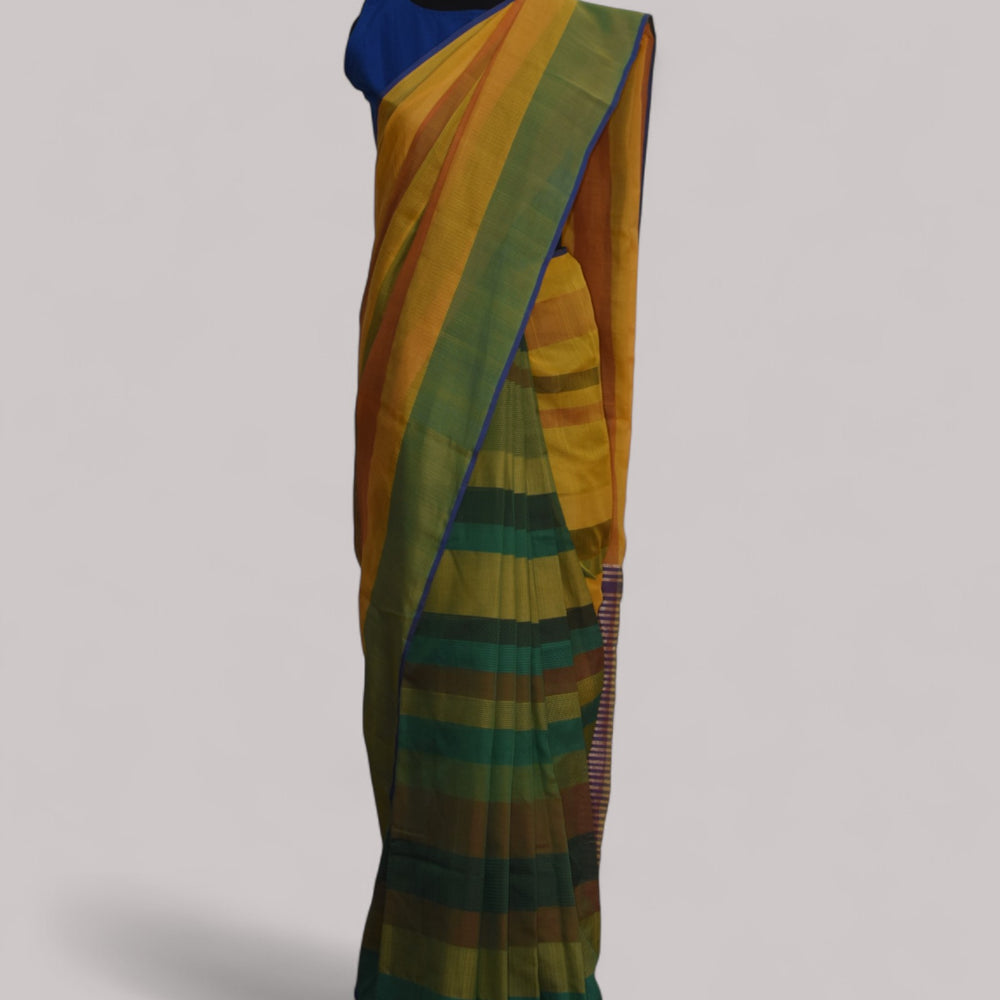 Yellow & Green - Stitch Texture Organic Cotton Saree
