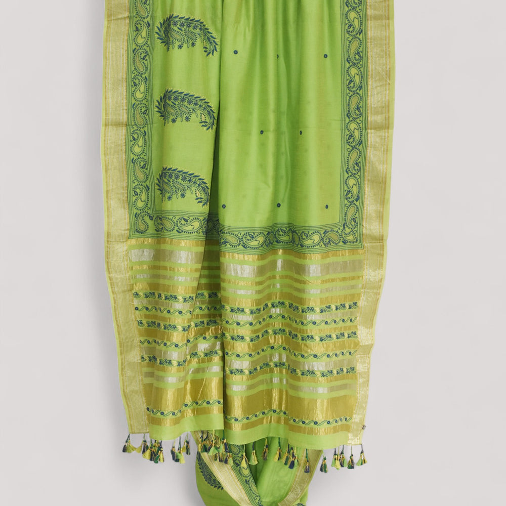 
                      
                        Parrot Green - Hand Embroidered Organic Cotton Saree
                      
                    