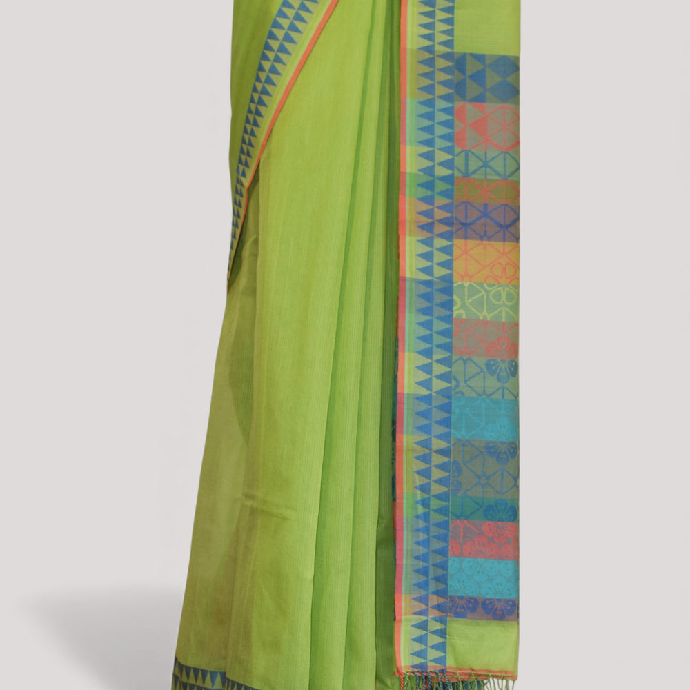 
                      
                        Parrot Green - Cherry Blossom Motif Organic Cotton Saree
                      
                    