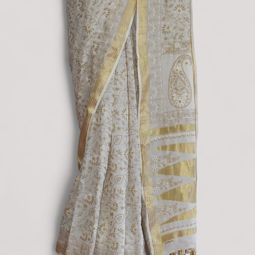 
                      
                        White - Hand Embroidered Organic Cotton Saree
                      
                    