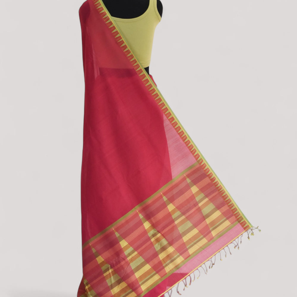 Red - Temple Motif Organic Cotton Saree