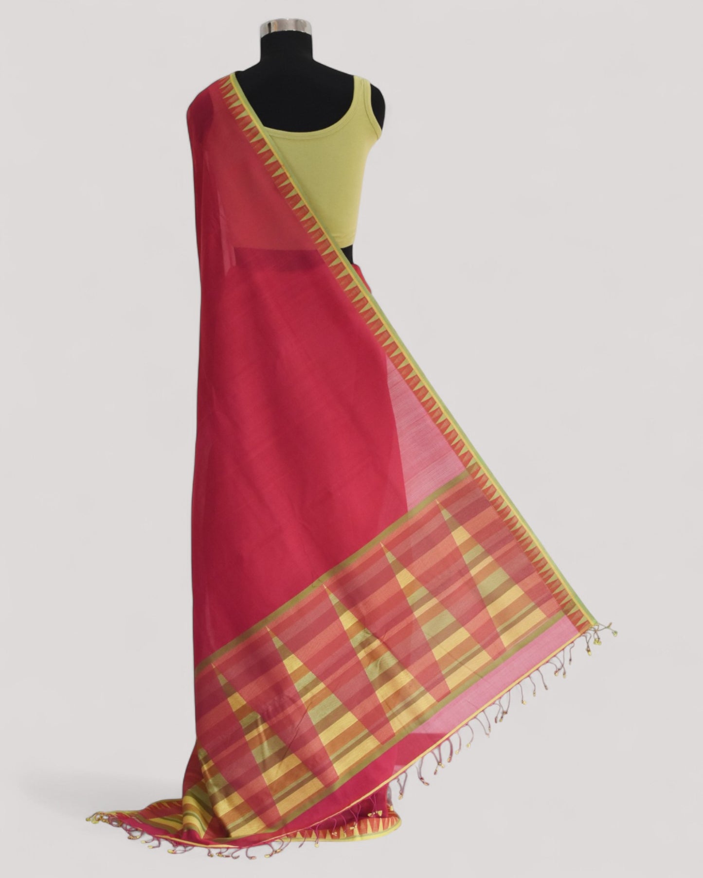 Red - Temple Motif Organic Cotton Saree