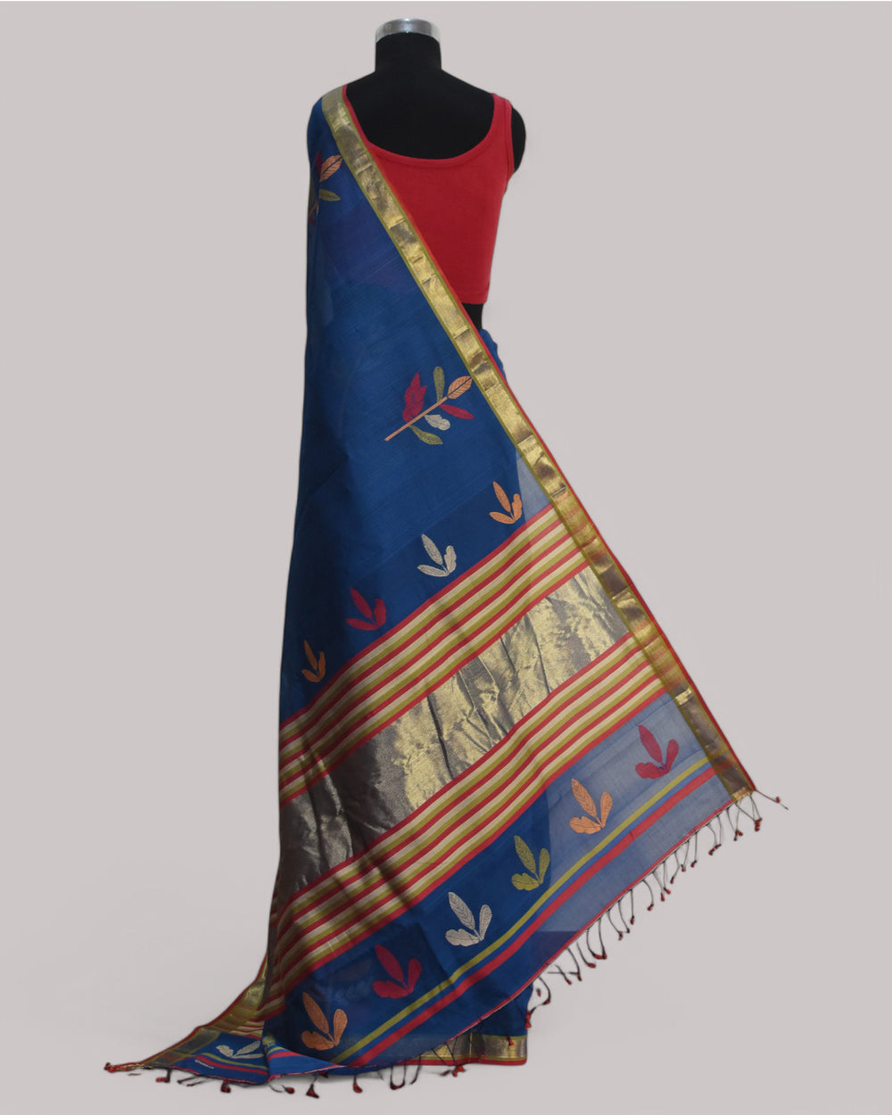Blue - Leaf Motif Organic Cotton Saree