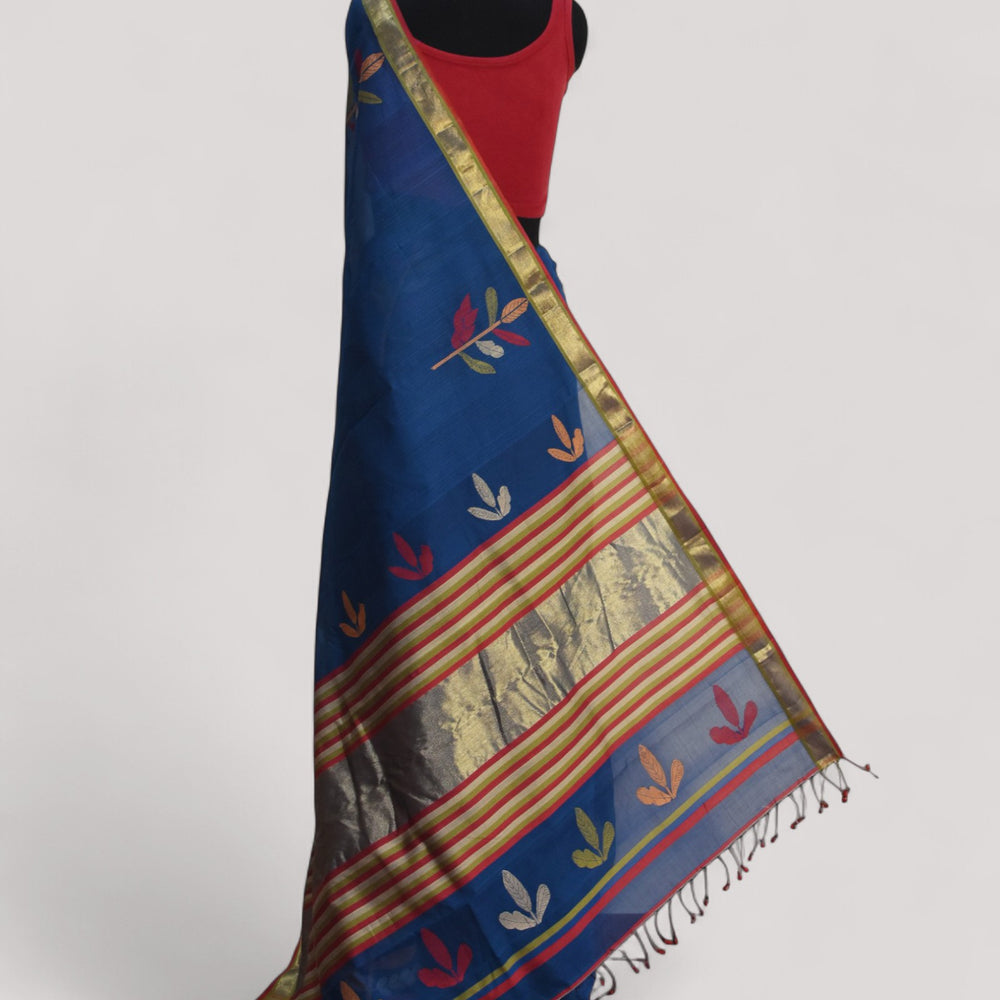 Blue - Leaf Motif Organic Cotton Saree