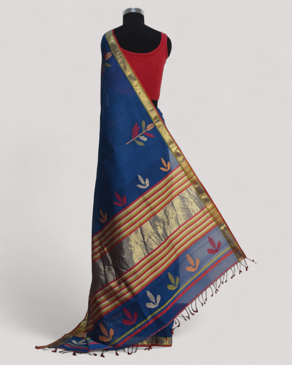 Blue - Leaf Motif Organic Cotton Saree