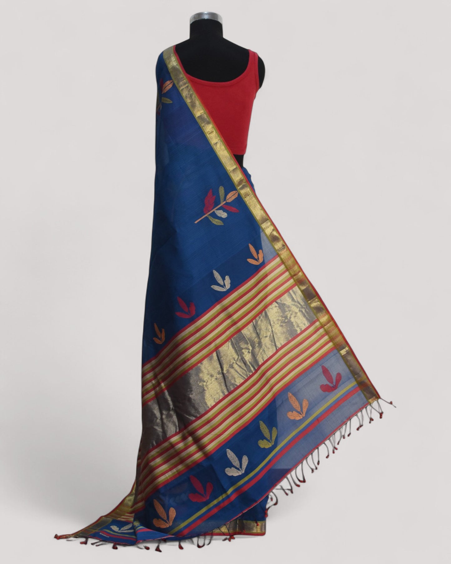 Blue - Leaf Motif Organic Cotton Saree