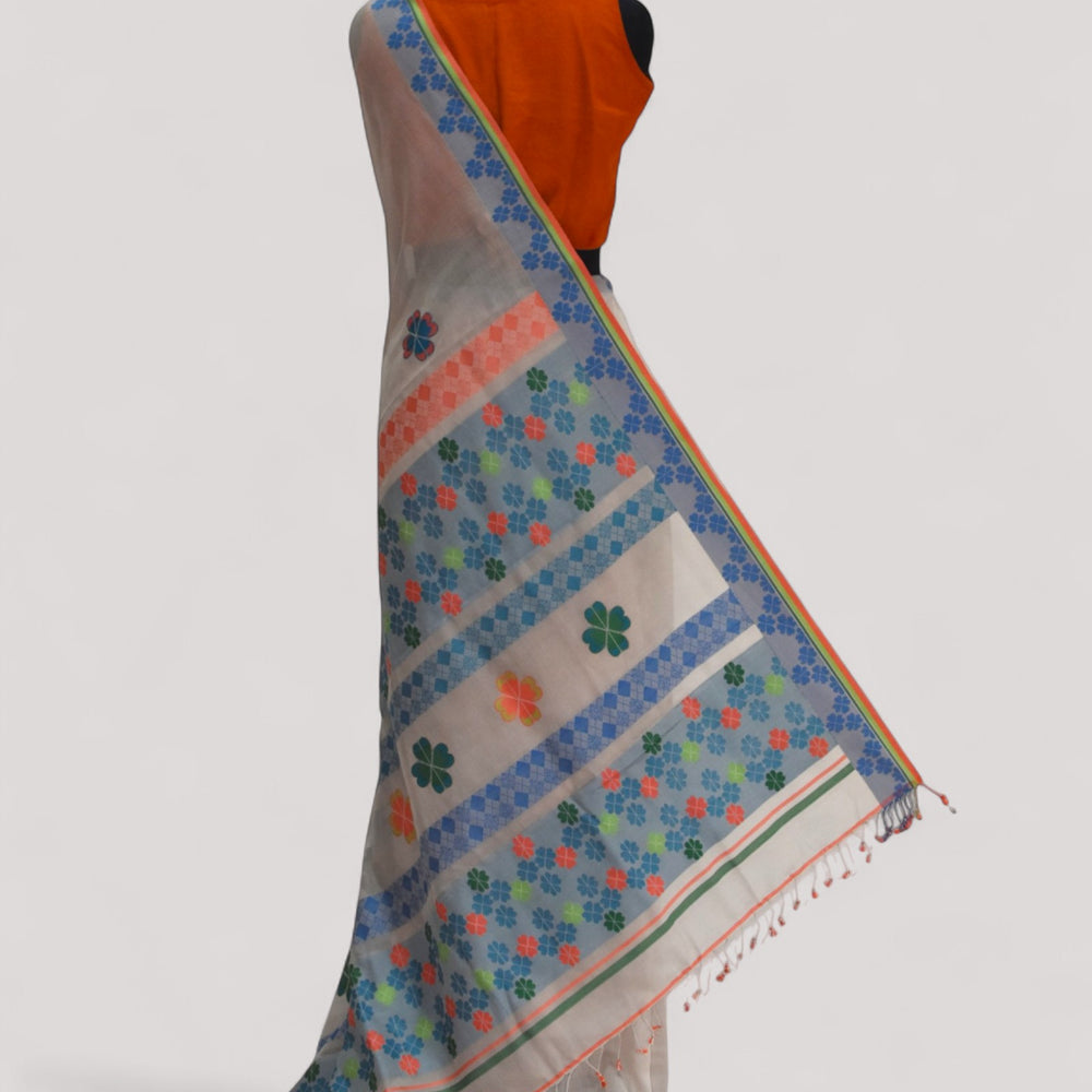 Beige - Clover Motif Organic Cotton Saree