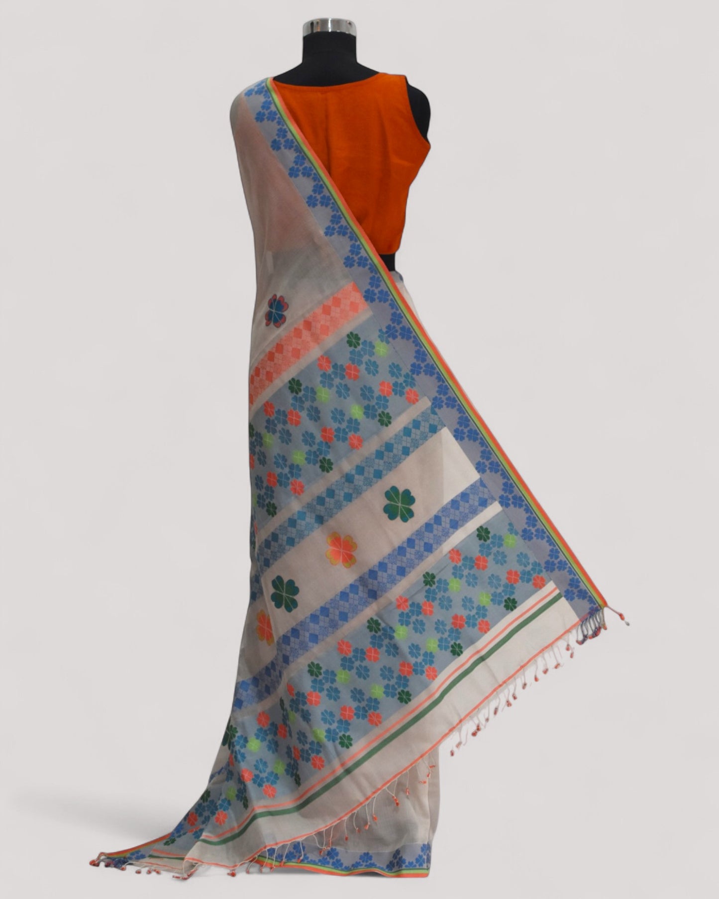 Beige - Clover Motif Organic Cotton Saree