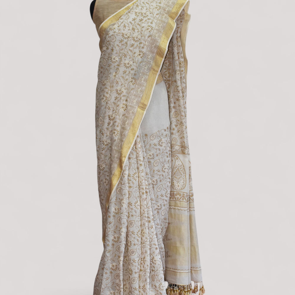 White - Hand Embroidered Organic Cotton Saree