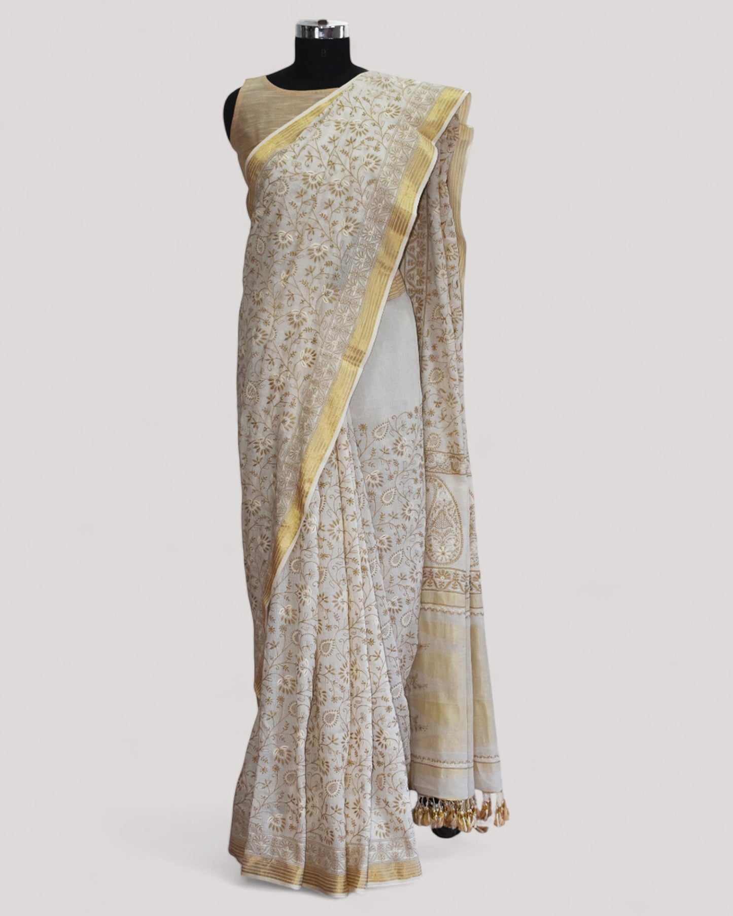 White - Hand Embroidered Organic Cotton Saree