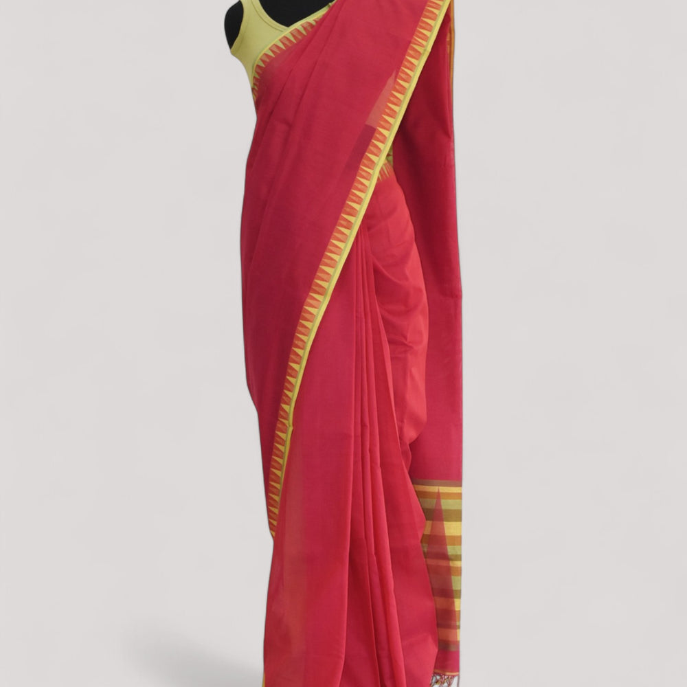 Red - Temple Motif Organic Cotton Saree